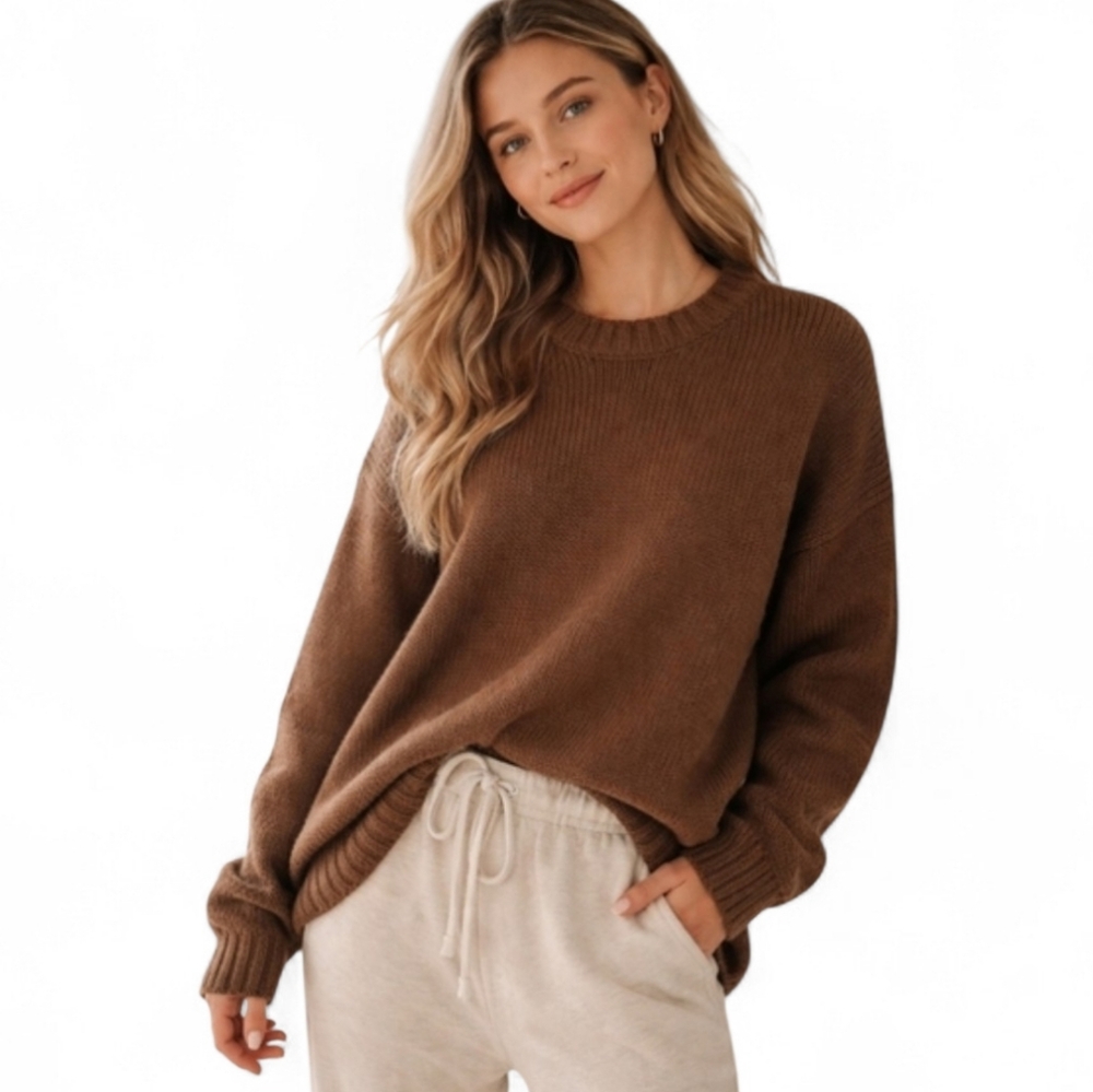 Aerie Crewneck Ribbed Olive Green Alpaca Long Sleeves Relaxed Fit Sweater Sz.SP